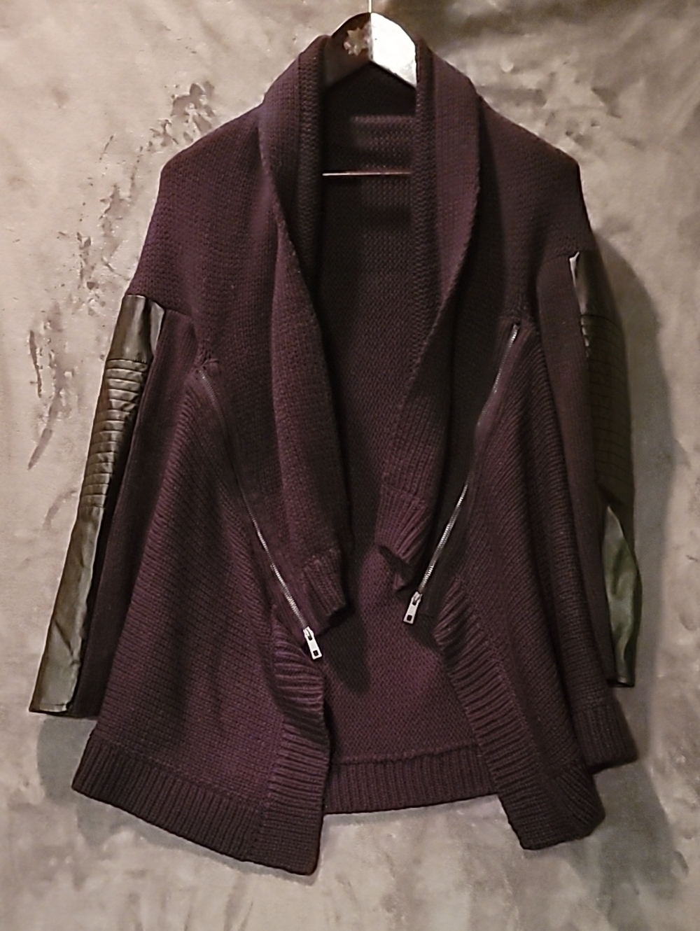 Women's Dark Plum Open-Front Cardigan with Faux Leather Sleeve Panels